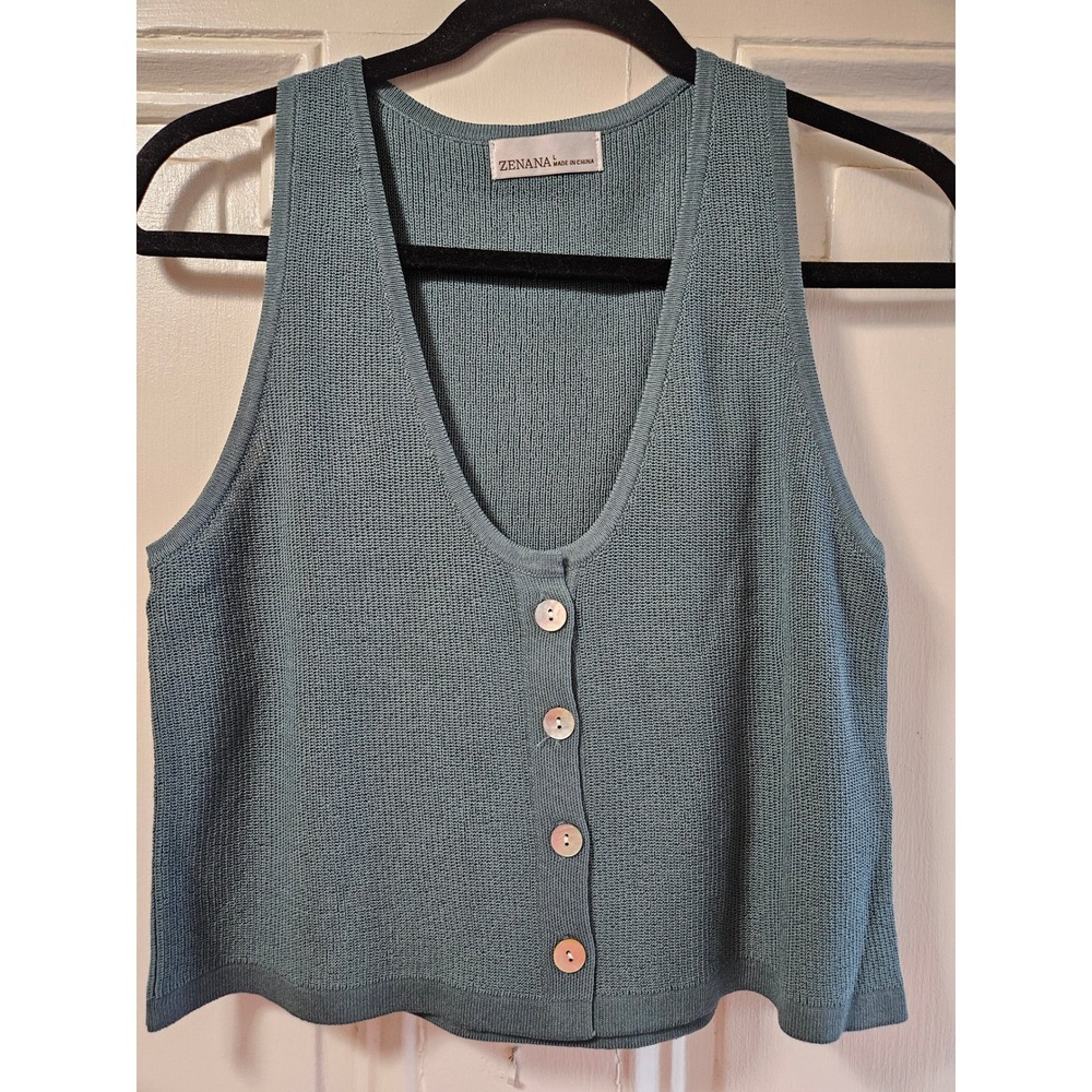 Zenana Womens Large Knit Sweater Vest Button Up V-Neck Cropped Tank Top Blue
